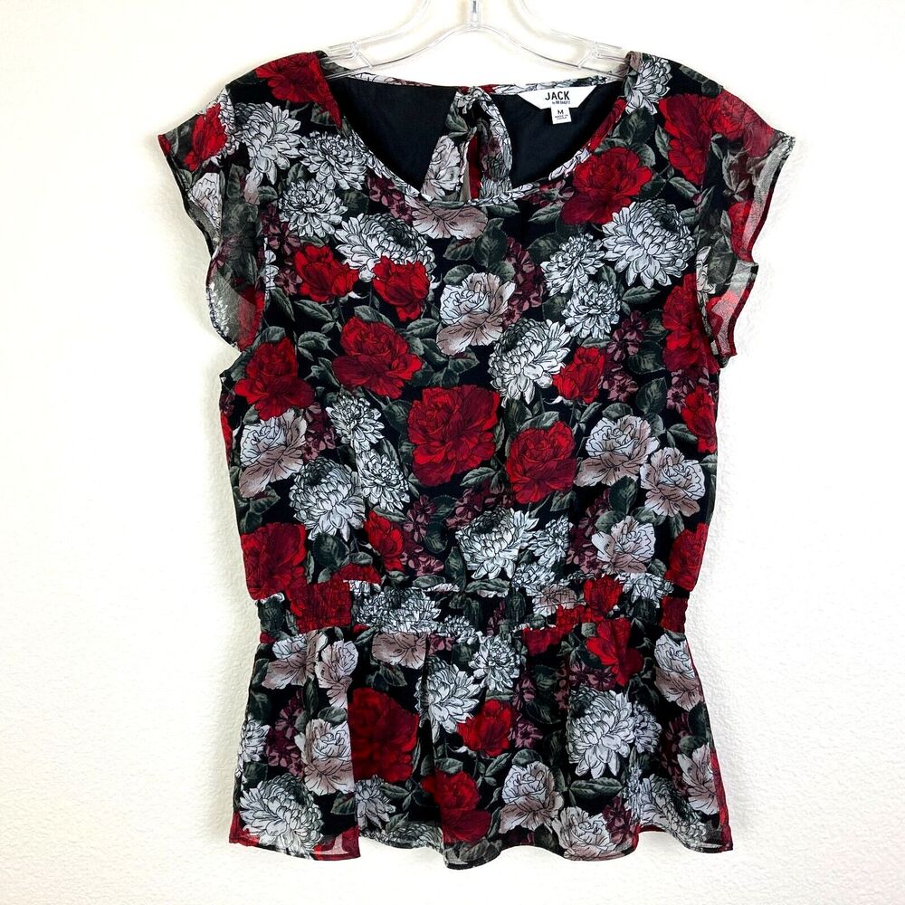 Jack by BB Dakota Peplum Top Size S-M Red Black Floral Open Back Fairy Feminine